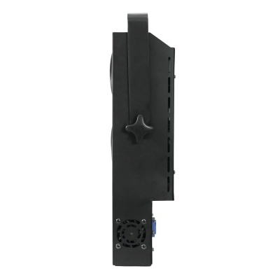 Dispositivo eletrónico preto visto de lado com botão estrela e ventoinha.