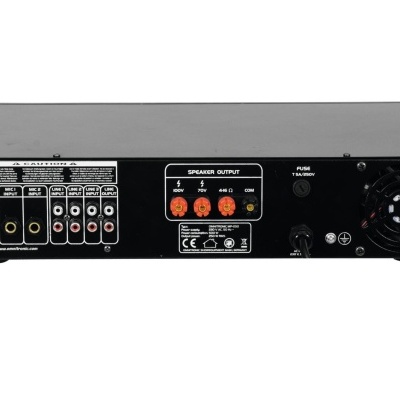 Equipamento áudio preto com várias conexões e ventoinha