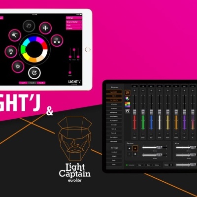 Tablet com interface digital colorida e dispositivo preto com faders em fundo rosa, texto LIGHT'J & e logotipo Light Captain