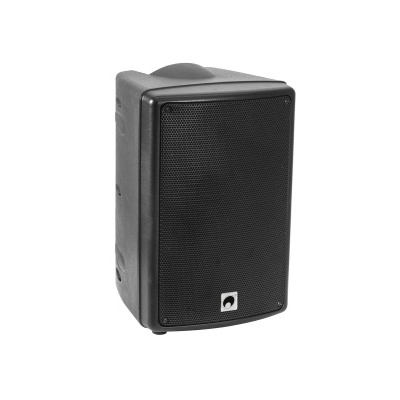 Coluna altifalante preta com grelha frontal perfurada