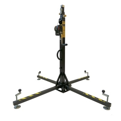 Suporte metálico preto com pés rebatíveis e mecanismos de ajuste