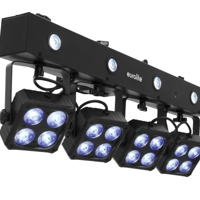 Sistema de iluminação com quatro focos de LED em estrutura preta da marca eurolite