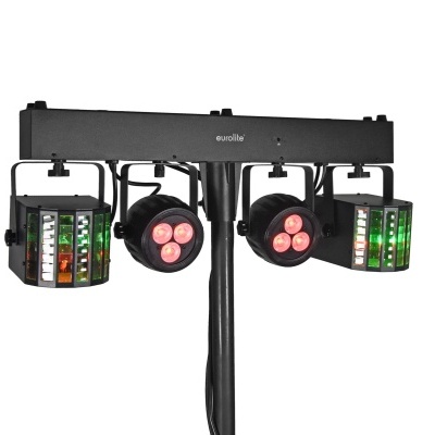 Sistema de iluminação LED para eventos com refletores circulares e luzes quadradas coloridas