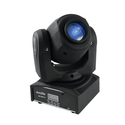 Cabeça móvel de iluminação de palco preta com lente azul e visor digital