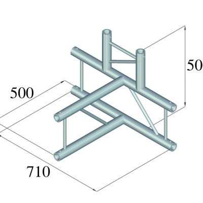 Estrutura metálica tridimensional com tubos e suportes triangulares, com medidas