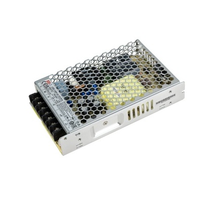Fonte de alimentação eletrónica metálica prateada com caixa perfurada