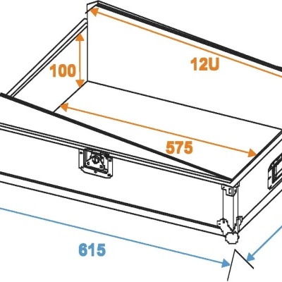 Mala de transporte preta retangular com fecho metálico e alças laterais, com medidas indicadas.