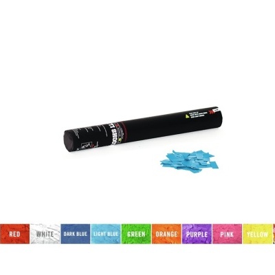 Tubo preto com confeti azul em forma de estrelas, faixa colorida com nomes das cores sobre fundo branco.