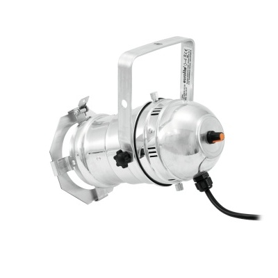 Refletor metálico prateado com cabo preto sobre fundo branco