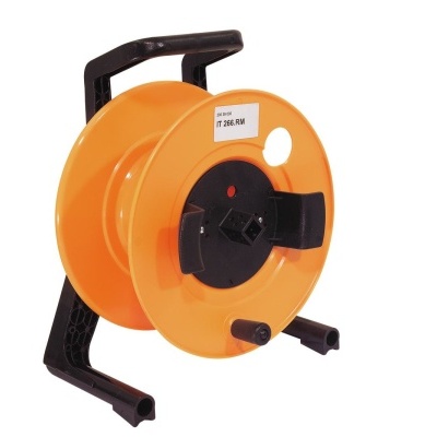 Carretel de extensão elétrico laranja com suporte preto