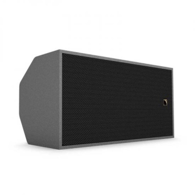 Coluna de som cinza com grelha preta e logotipo dourado