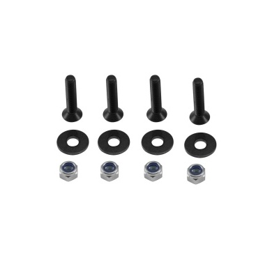 Conjunto de parafusos pretos, arruelas pretas e porcas metálicas com inserto azul