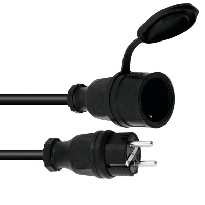 Cabo elétrico preto com plugue europeu e tomada com tampa