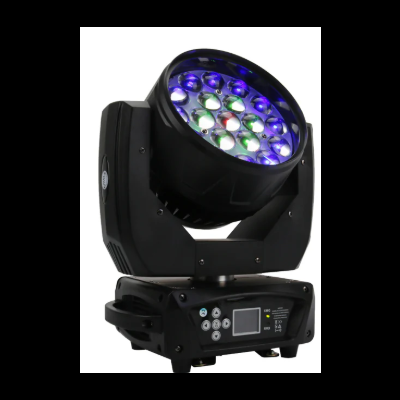 Luz de palco profissional tipo moving head preta com LEDs coloridos e painel de controlo