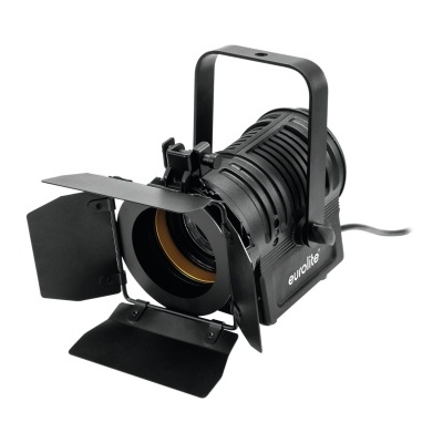 Projetor de luz fresnel preto com barn doors ajustáveis e suporte