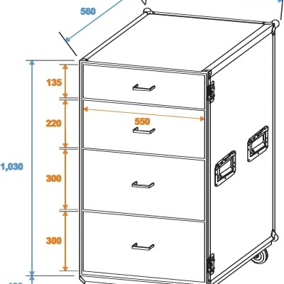 Desenho técnico de móvel com 4 gavetas e dimensões