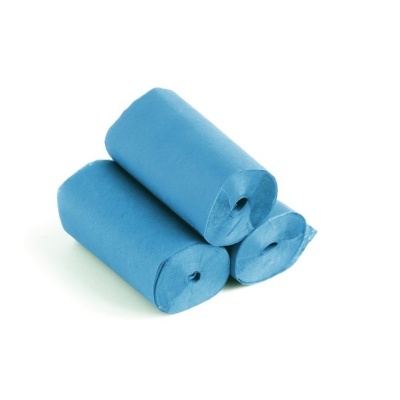 Três rolos de papel azul empilhados em fundo branco