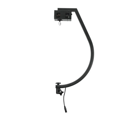 Suporte metálico preto curvo com fixação e cabo em fundo branco