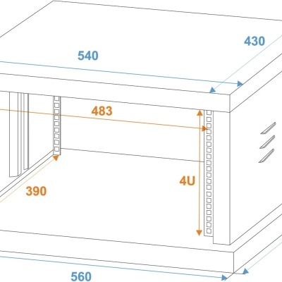 Desenho técnico de suporte de rack com medidas e indicação 4U