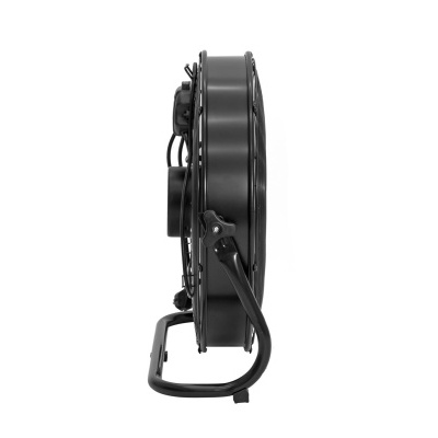 Ventoinha preta portátil vista de lado com base em arco