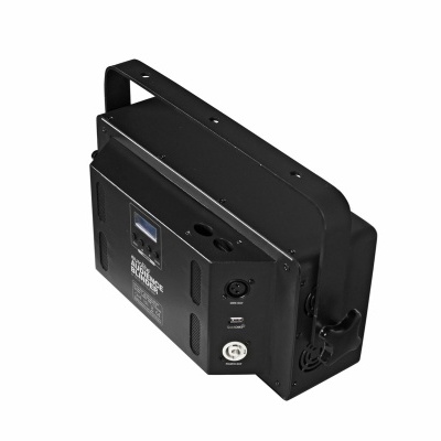 Dispositivo eletrônico preto com conectores, mostrador digital e suporte