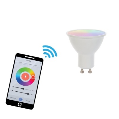 Lâmpada LED com base GU10 e smartphone a controlar cor da luz