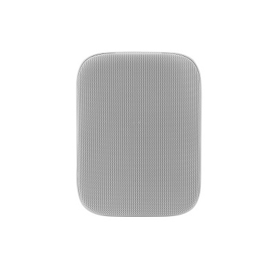Caixa de som portátil cinza claro com textura em malha