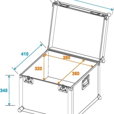 Contentor de armazenamento aberto com medidas técnicas visíveis.