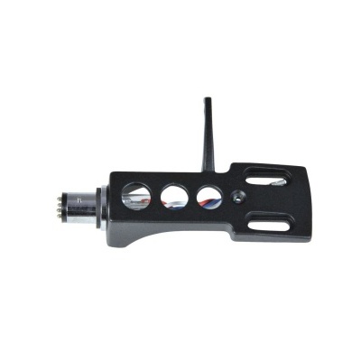 Cabeça de leitura preta para gira-discos em metal com orifícios circulares e oval.