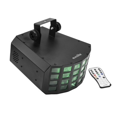 Máquina de luz preta com elementos verdes e controlo remoto branco