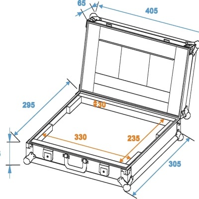 Desenho técnico de mala rígida cinza aberta com dimensões visíveis