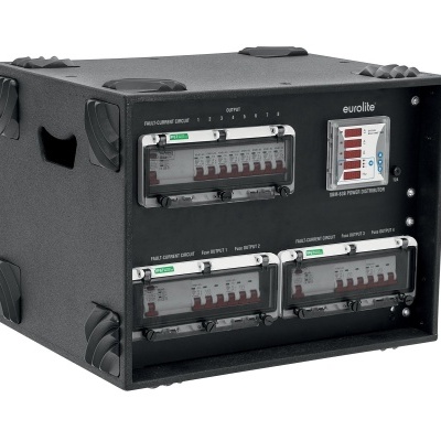 quadro elétrico preto portátil Eurolite com disjuntores e etiquetas