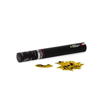 Tubo preto de confetes com confetes amarelos ao lado