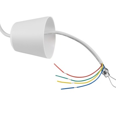 Candeeiro de teto branco com fios coloridos expostos e gancho metálico