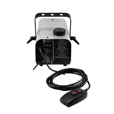 máquina de fumos preta com cabo e controlo remoto