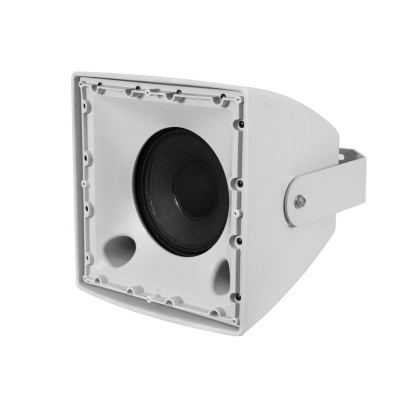 coluna de som exterior branca com altifalante visível