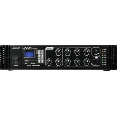 Amplificador de áudio preto com visor digital, botões giratórios e porta USB