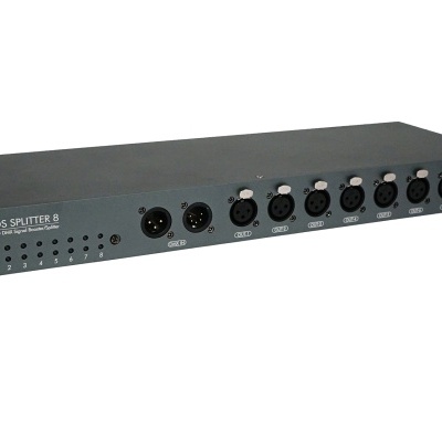 Equipamento eletrónico FOS SPLITTER 8 com conectores XLR em caixa metálica cinzenta