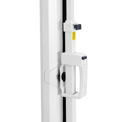 Suporte vertical branco com pega ergonómica e rótulo amarelo