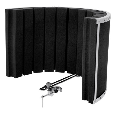 Filtro acústico de som preto para microfone com estrutura metálica e fixação ajustável