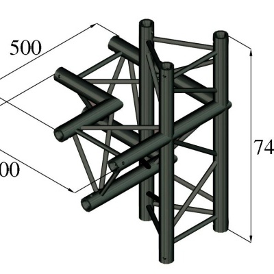 Estrutura metálica preta com tubos cilíndricos e ligações triangulares, medidas 500x500x743 mm