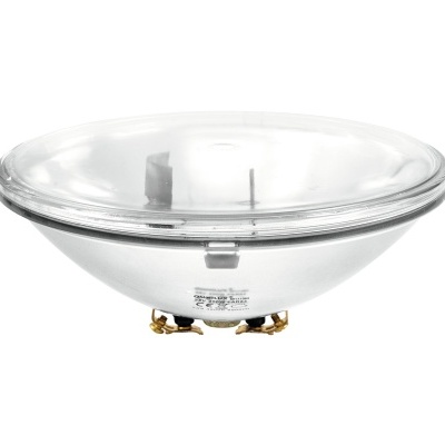 Lâmpada parabolóide de vidro transparente com base metálica dourada