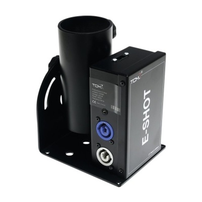 Dispositivo eletrónico preto com suporte cilíndrico e caixa retangular 'E-SHOT' da TDK