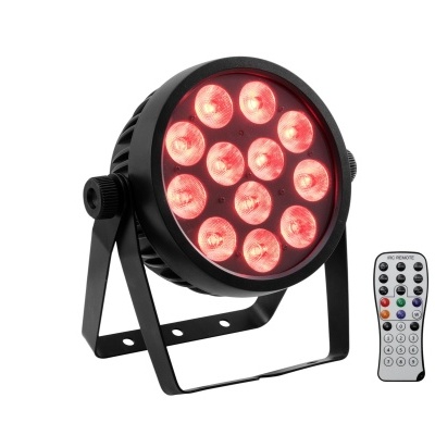 Projetor LED vermelho com suporte e comando remoto em fundo branco