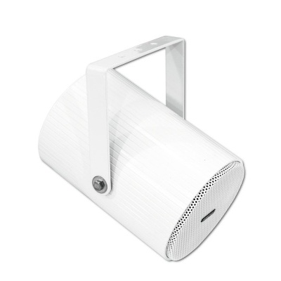 Coluna de som portátil branca cilíndrica com suporte metálico