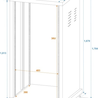 Armário de servidor branco em metal com medidas técnicas e rodas