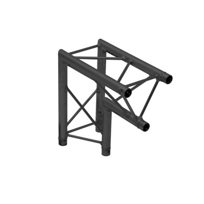 Estrutura metálica preta em forma de L com barras cruzadas reforçadas