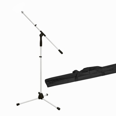 Suporte de microfone ajustável branco com base tripé e estojo preto para transporte