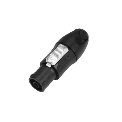 Conector elétrico preto com peça metálica prateada