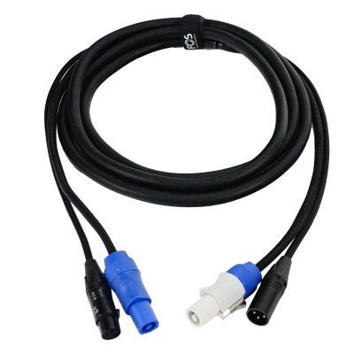 Cabo áudio/vídeo isolado preto com conectores azuis, brancos e pretos